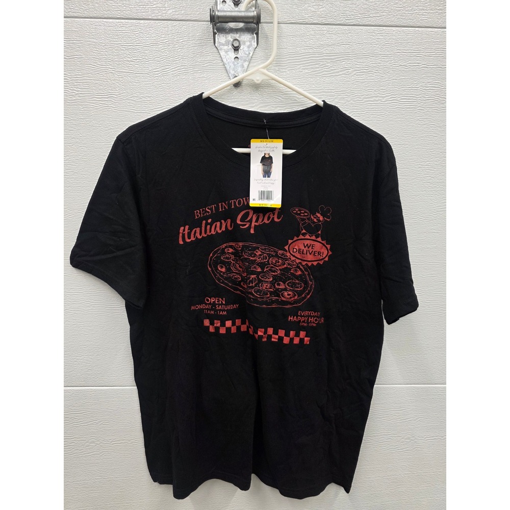 New Italian Spot Pizza Graphic Tee Black Short Sleeve T-Shirt Medium 16693